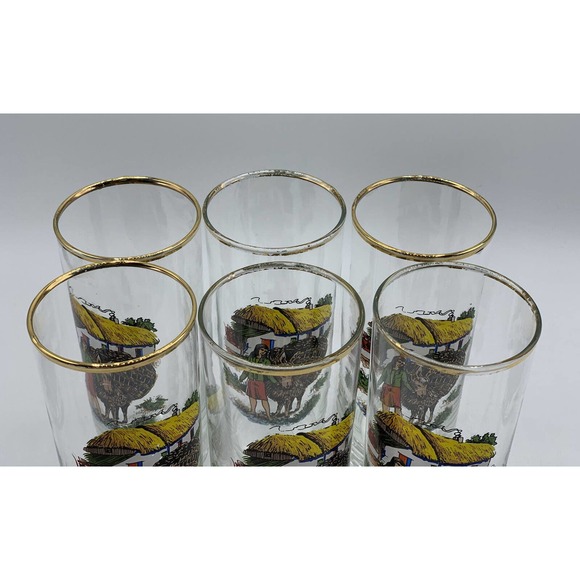 Vintage MCM Barware Water Cocktail Highball Glasses Donkey Villager Motif Set 6 - Picture 4 of 7